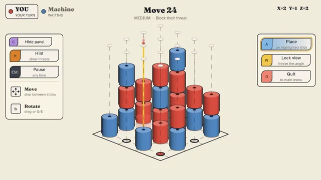 A game against the Machine in the Classic palette at move 24: red and blue cylinders stacked on a 4x4 board of sticks.
