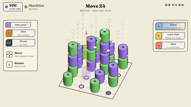 A game against the Machine in purple and green at move 24, seen from above, with the drop beam over a tall stack.