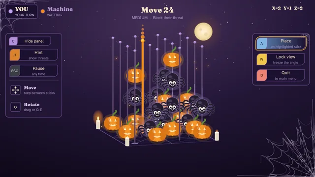 The Halloween theme: spiders against jack-o'-lantern pumpkins on purple sticks, candles at the corners and a full moon, the whole screen in night purple.