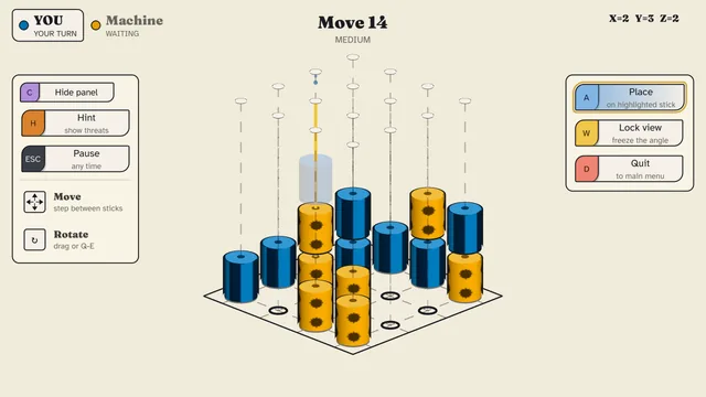 The colour-blind safe palette with patterns: striped blue cylinders against dotted orange ones, a game against the Machine at move 14.