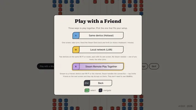 The Play with a Friend menu offering three ways: same device (Hotseat), local network (LAN) and Steam Remote Play Together.