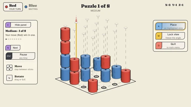 A MaMills puzzle in the Classic look: Medium, puzzle 1 of 8, red to move and win in one on a board of fourteen red and blue cylinders.