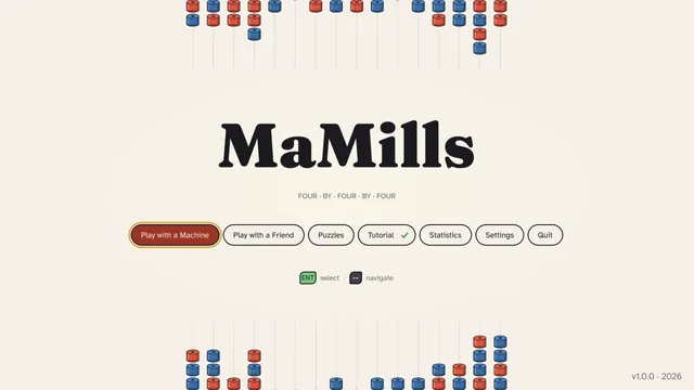The main menu: the MaMills title over rows of red and blue cylinders, with Play with a Machine, Play with a Friend, Puzzles, Tutorial, Statistics, Settings and Quit.