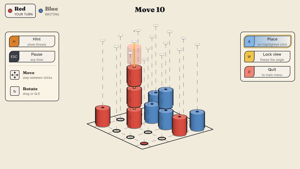 Game screenshot in the Classic palette: red and blue cylinders on a 4x4 stick board at move 10, with a yellow drop beam and a translucent ghost piece above the chosen stick.