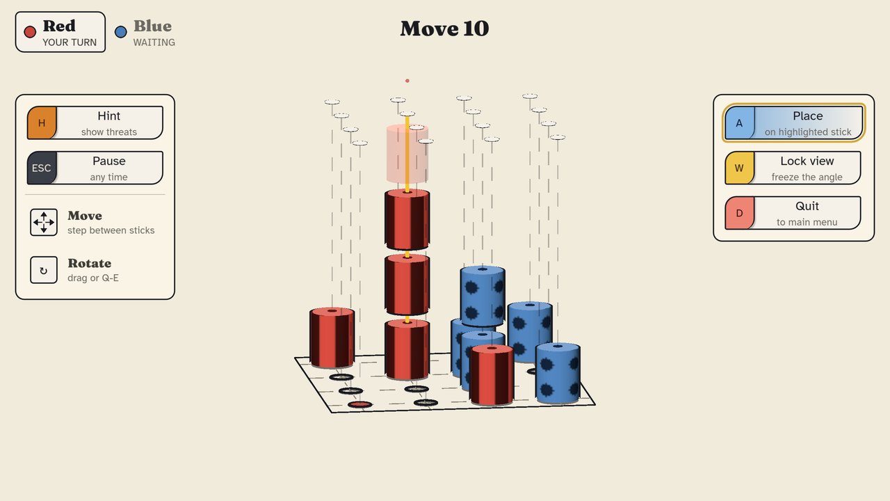 The same midgame seen low and nearly front-on, with patterned pieces: striped red cylinders and dotted blue ones, a ghost piece hovering above a three-high stack.