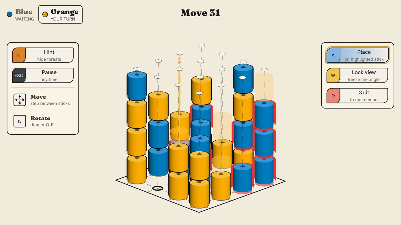 A late MaMills board in the colour-blind safe palette, blue and orange cylinders stacked high, with Hint on: red rims mark every blue cylinder in a live three-in-a-row while Orange is to move.
