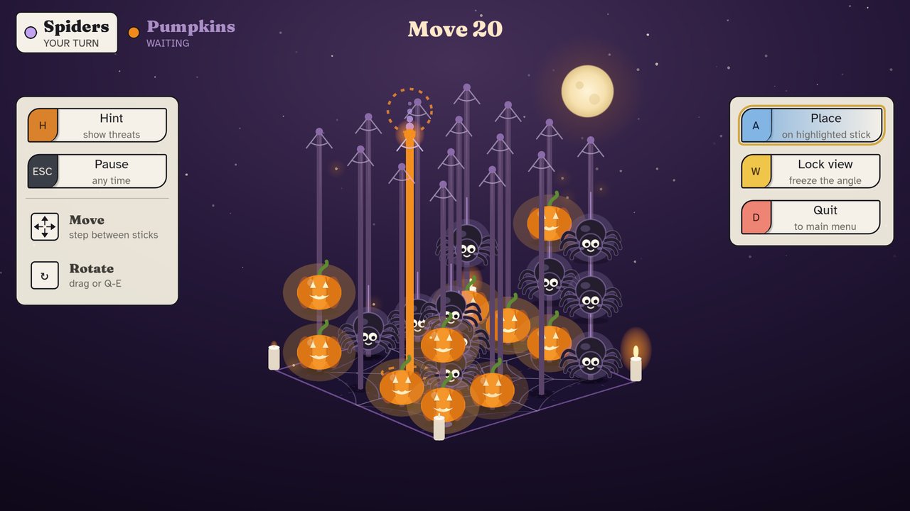 A MaMills board mid-game as a Halloween scene: smiling spiders against glowing jack-o'-lantern pumpkins on purple sticks, under a full moon and stars, with a candle at each corner.