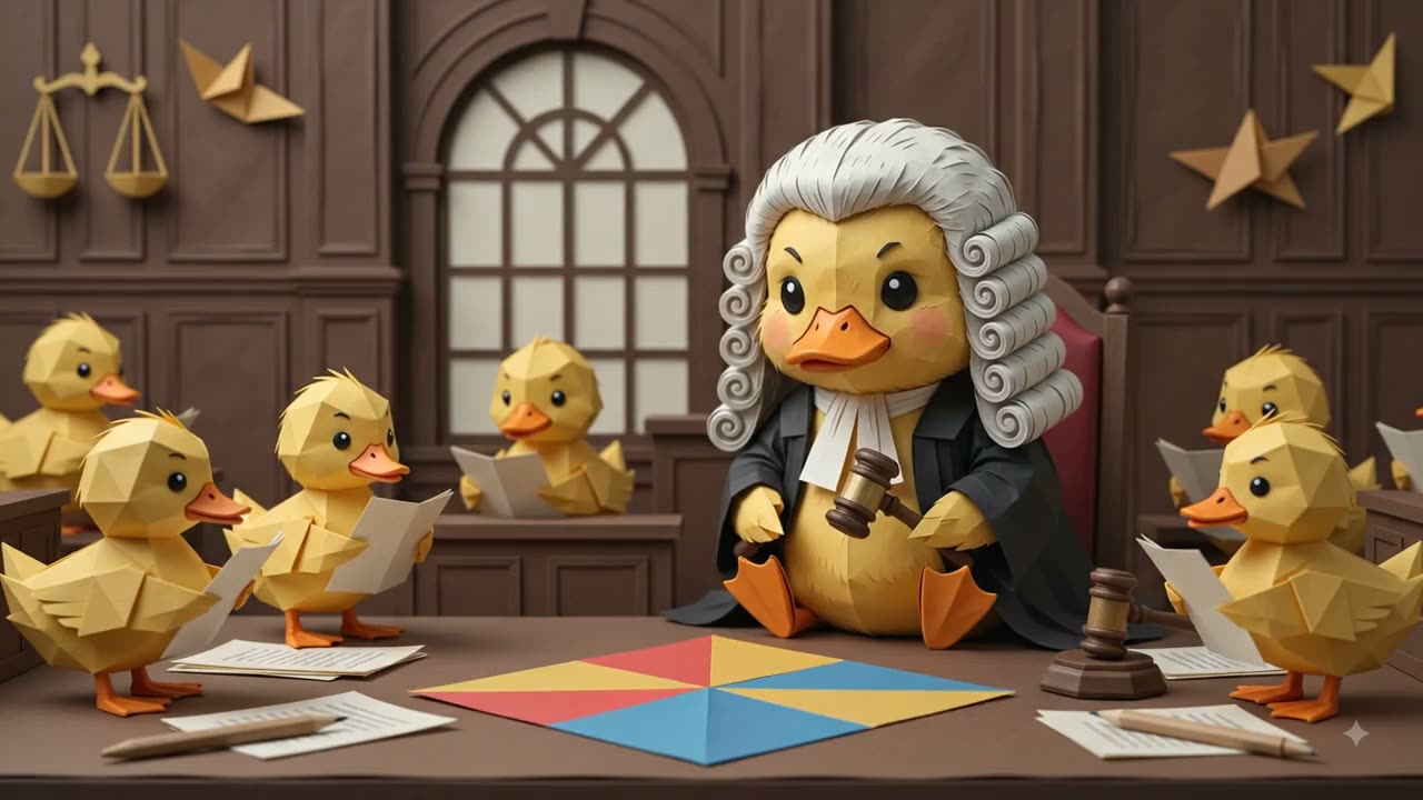 The Department of Ducks teaser, first frame: a papercraft courtroom with a duckling in a barrister's wig